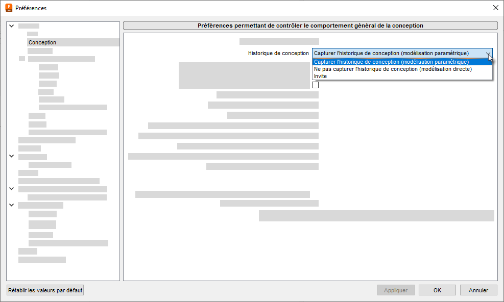 boîte de dialogue préférences – historique de conception