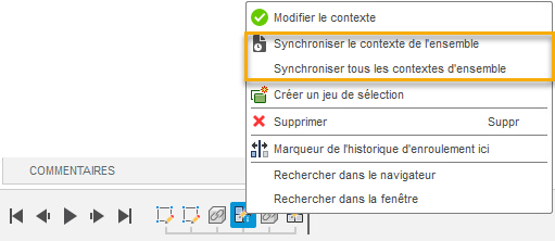menu de synchronisation des contextes d’ensemble dans le plan de montage chronologique