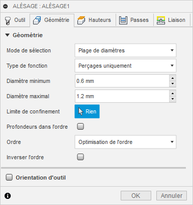 Onglet Géométrie de la boîte de dialogue Alésage 2D – diamètres