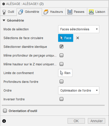 Onglet Géométrie de la boîte de dialogue Alésage 2D – faces