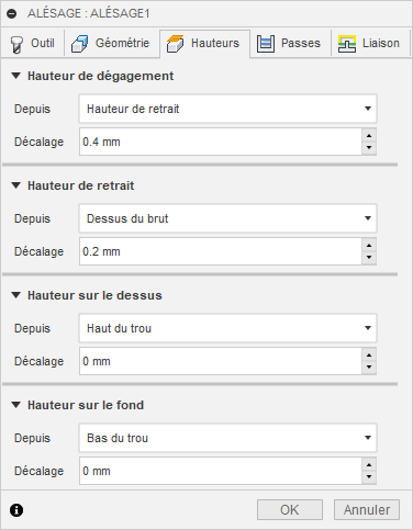 Onglet Hauteurs de la boîte de dialogue Alésage 2D