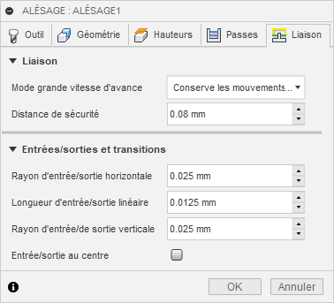 Onglet Liaison de la boîte de dialogue Alésage 2D