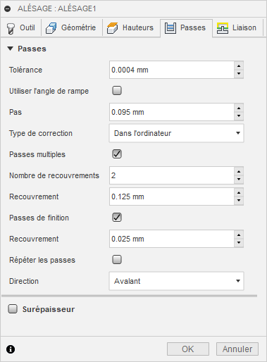 Onglet Passes de la boîte de dialogue Alésage 2D