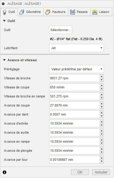 Onglet Outil de la boîte de dialogue Alésage 2D