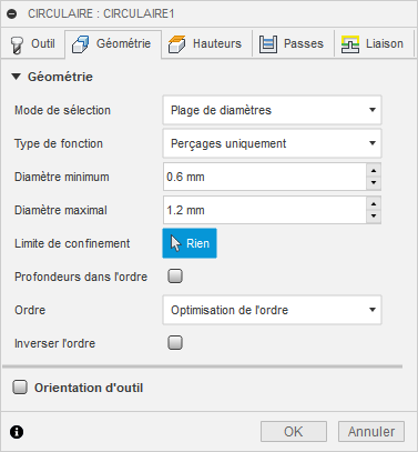 Onglet Géométrie de la boîte de dialogue Circulaire 2D – diamètres