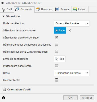 Onglet Géométrie de la boîte de dialogue Circulaire 2D – faces
