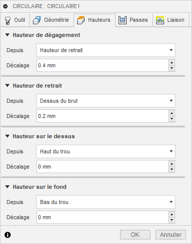 Onglet Hauteurs de la boîte de dialogue Circulaire 2D