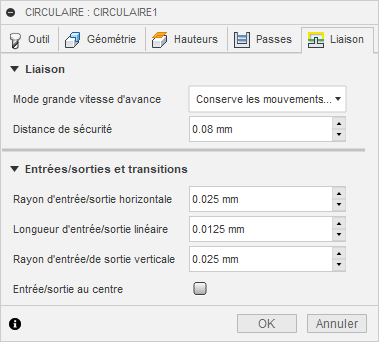 Onglet Liaison de la boîte de dialogue Circulaire 2D