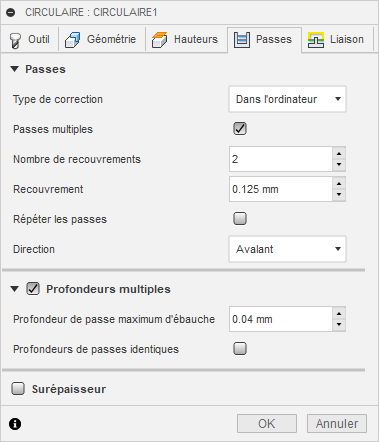 Onglet Passes de la boîte de dialogue Circulaire 2D