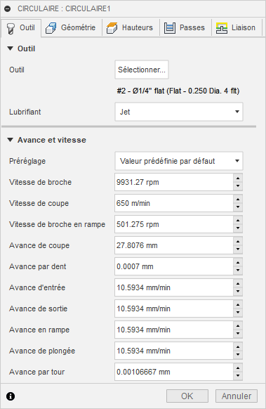 Onglet Outil de la boîte de dialogue Circulaire 2D