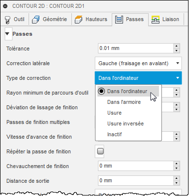 onglet Passes de la boîte de dialogue Contour 2D – type de compensation