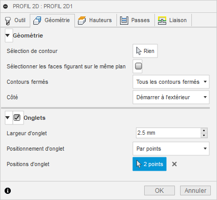 onglet Géométrie de la boîte de dialogue Profil 2D – jet d’eau