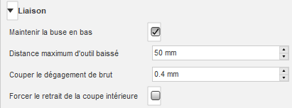 onglet Liaison de la boîte de dialogue Profil 2D – maintenir la buse en bas