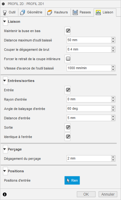 onglet Liaison de la boîte de dialogue Profil 2D – jet d’eau