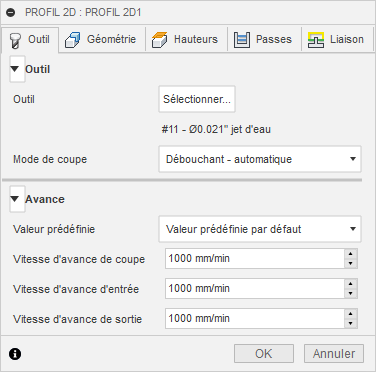 onglet Outil de la boîte de dialogue Profil 2D – jet d’eau