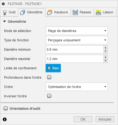 Onglet Géométrie de la boîte de dialogue de filetage à la fraise 2D – Diamètres