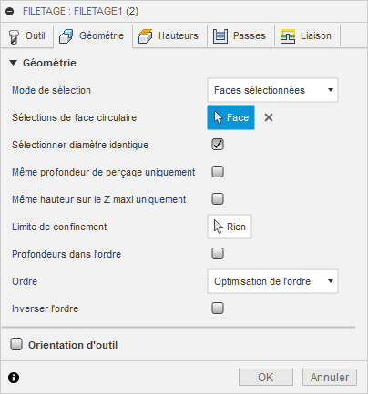 Onglet Géométrie de la boîte de dialogue de filetage à la fraise 2D – Faces