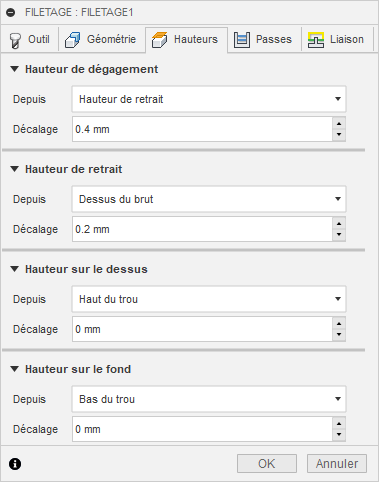 Onglet Hauteurs de la boîte de dialogue Filetage 2D