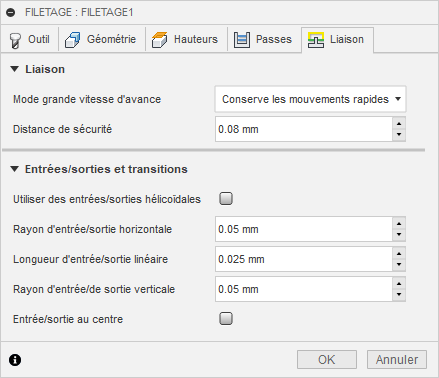 Onglet Liaison de la boîte de dialogue Filetage 2D