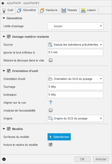 Onglet Géométrie de la boîte de dialogue Évidement adaptatif 3D