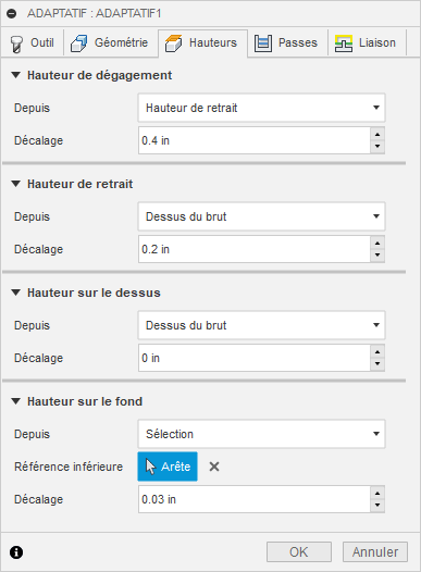 Onglet Hauteurs de la boîte de dialogue Évidement adaptatif 3D