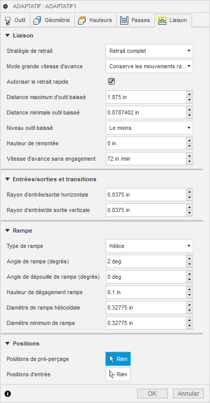 Onglet Liaison de la boîte de dialogue Évidement adaptatif 3D