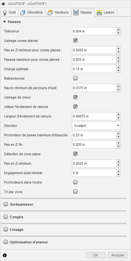 Onglet Passes de la boîte de dialogue Évidement adaptatif 3D