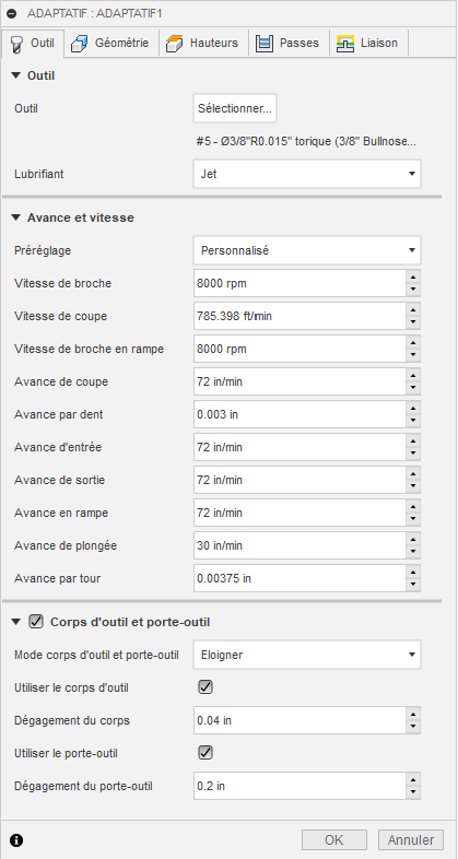 Onglet Outil de la boîte de dialogue Évidement adaptatif 3D