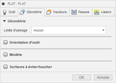 Onglet Géométrie de la boîte de dialogue de dégagement des zones planes 3D