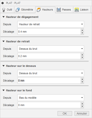 Onglet Hauteurs de la boîte de dialogue de dégagement des zones planes 3D