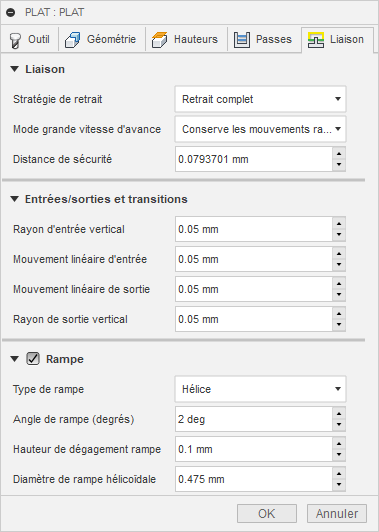 Onglet Liaison de la boîte de dialogue de dégagement des zones planes 3D