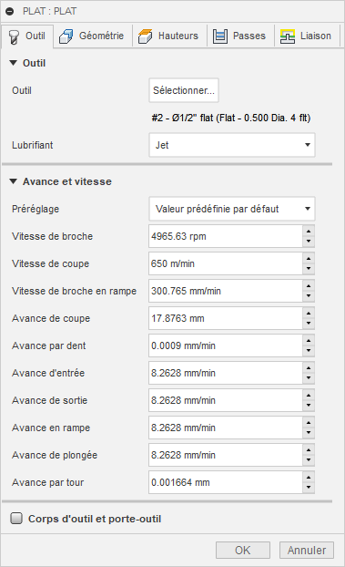 Onglet Outil de la boîte de dialogue de dégagement des zones planes 3D