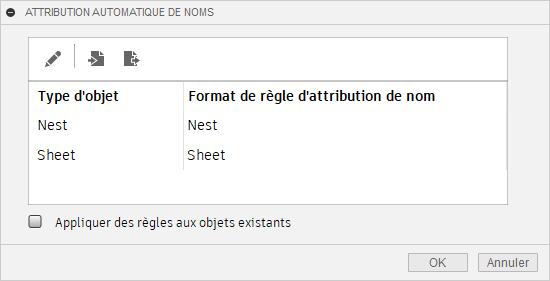 boîte de dialogue Attribution automatique de noms