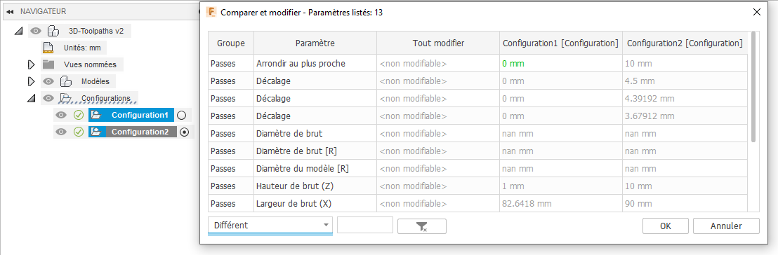 Boîte de dialogue Comparer et modifier - configuration