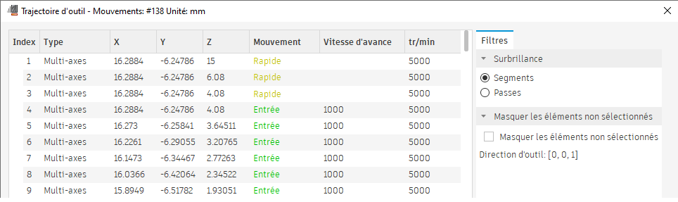 boîte de dialogue Afficher la trajectoire d’outil