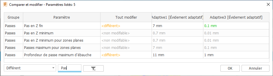 Boîte de dialogue Comparer et modifier - filtrage d’éléments différents