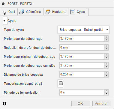 onglet Cycle de la boîte de dialogue Perçage