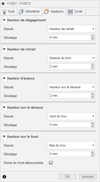 onglet Hauteurs de la boîte de dialogue Perçage