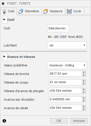 onglet Outil de la boîte de dialogue Perçage