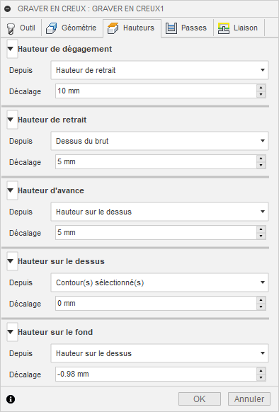 Onglet Hauteurs de la boîte de dialogue Graver en creux 2D