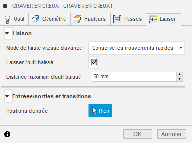 Onglet Liaison de la boîte de dialogue Graver en creux 2D