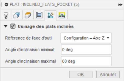 Boîtes de dialogue d’usinage des plats inclinés