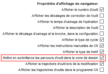 boîte de dialogue Préférences - activation de la mise en surbrillance des trajectoires d’outils