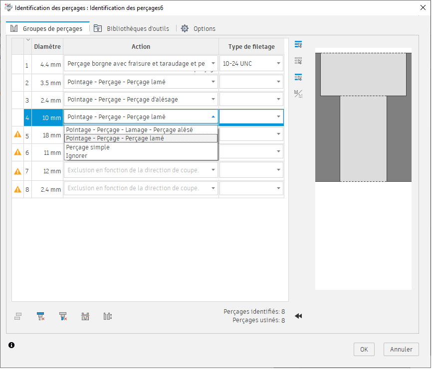 boîte de dialogue Identification des perçages - onglet Groupes de perçages - action