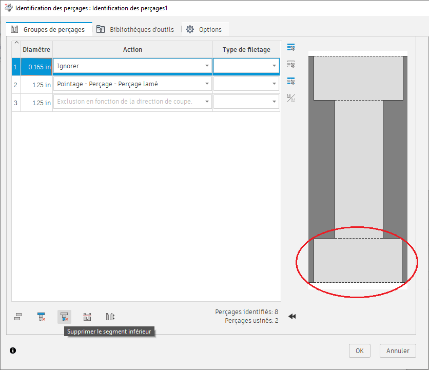 boîte de dialogue Identification des perçages – Supprimer le segment – Modificateurs de groupe