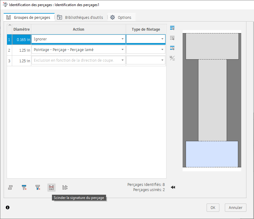 boîte de dialogue Identification des perçages – Scinder le perçage – Modificateurs de groupe