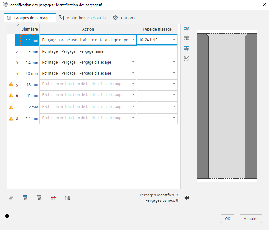 boîte de dialogue Identification des perçages - onglet Groupes de perçages