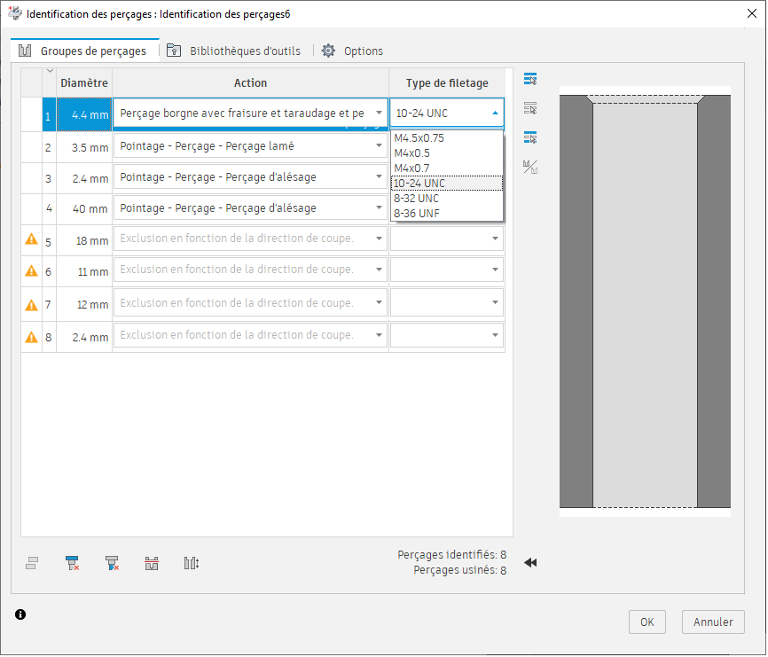 boîte de dialogue Identification des perçages - onglet Groupes de perçages - type de filetage