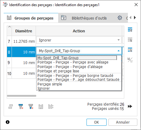 boîte de dialogue Identification des perçages - onglet Groupes de perçages - actions - stocker en tant que template