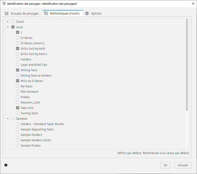 boîte de dialogue Identification des perçages - onglet Bibliothèques d’outils